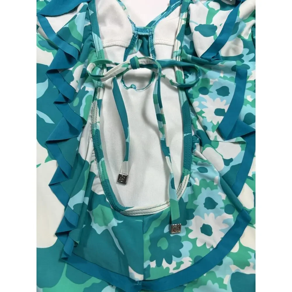 Michael Kors Swim One Piece Bathing Suit Swimsuit Teal Blue White Floral 10